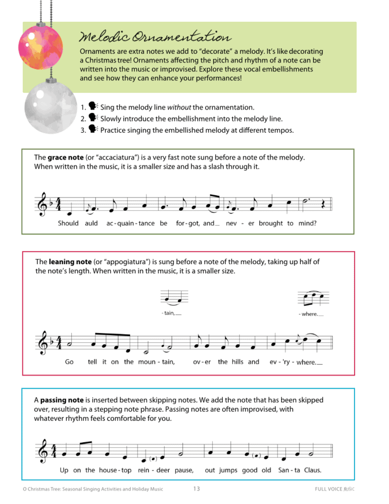 Exercises for adding melodic ornaments to a familiar phrase
