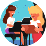 Illustration of A young female singer practiving infront of her teacher on the piano