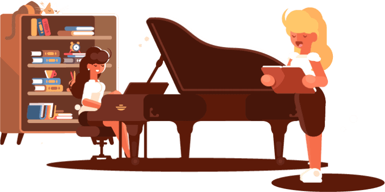 A teacher on the piano teaching voice lessons to a student using her teacher guide