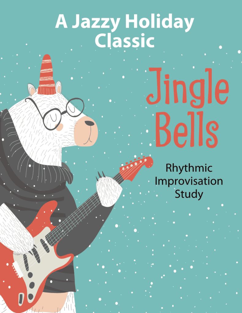 A polar bear wearing a sweater playing an electric guitar with the words Jingle Bells