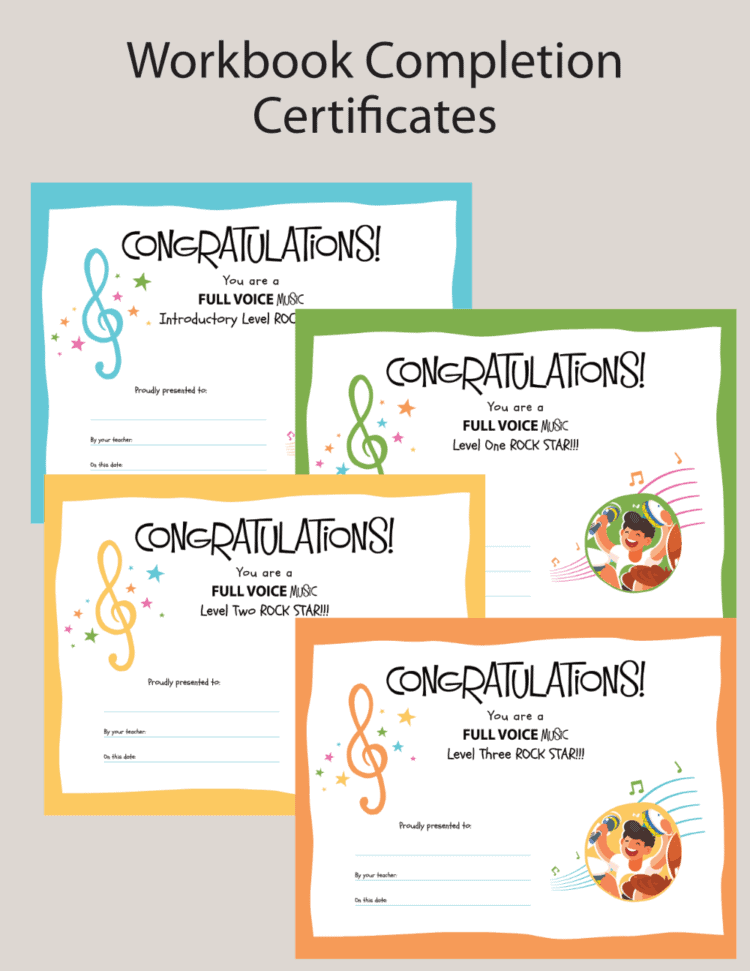 customizable completion certificates for the FULL VOICE Workbook series