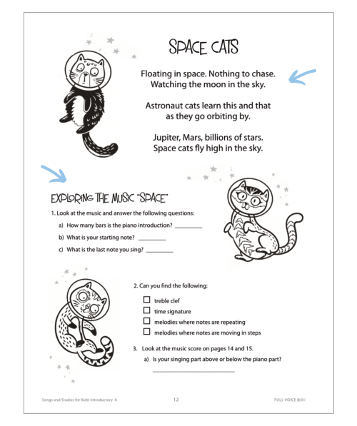 Sample of Space Cats activity page with arrows pointing to details mentioned.