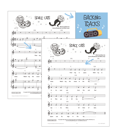 Samples of Space Cats score pages with arrows pointing to details mentioned.