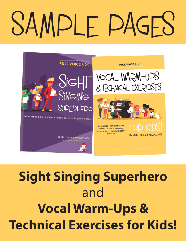 Image of two book covers: Sight Singing Superhero and Vocal Warm-Ups and Technical Exercises for Kids!