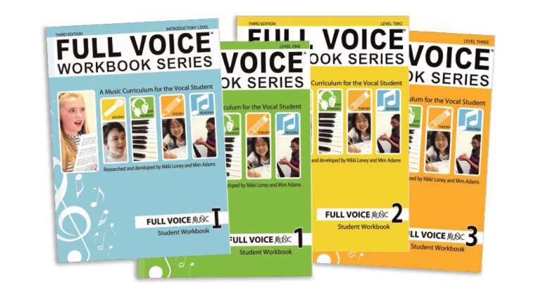Covers of all four levels of the FULL VOICE Workbooks